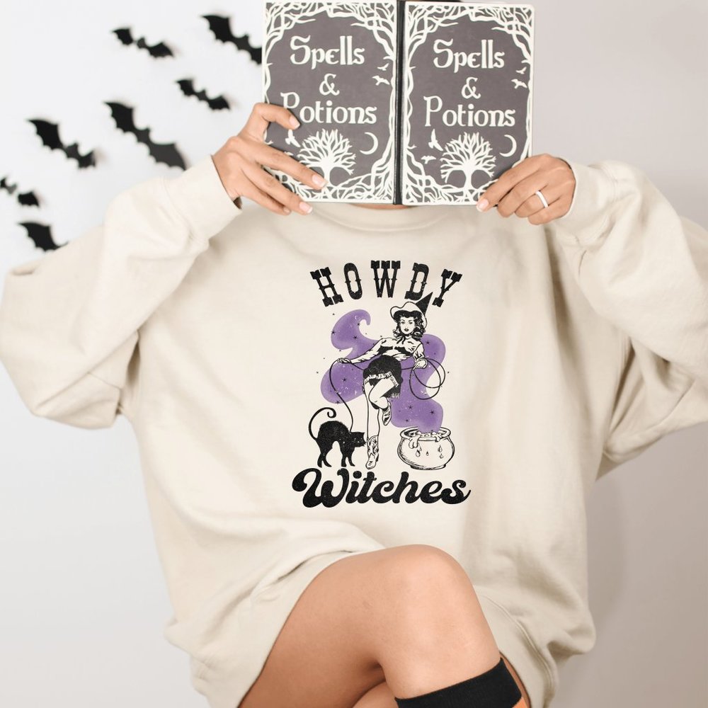 Howdy Witches Western Cowgirl Cauldron Sand Sweatshirt - Picture 2 of 6